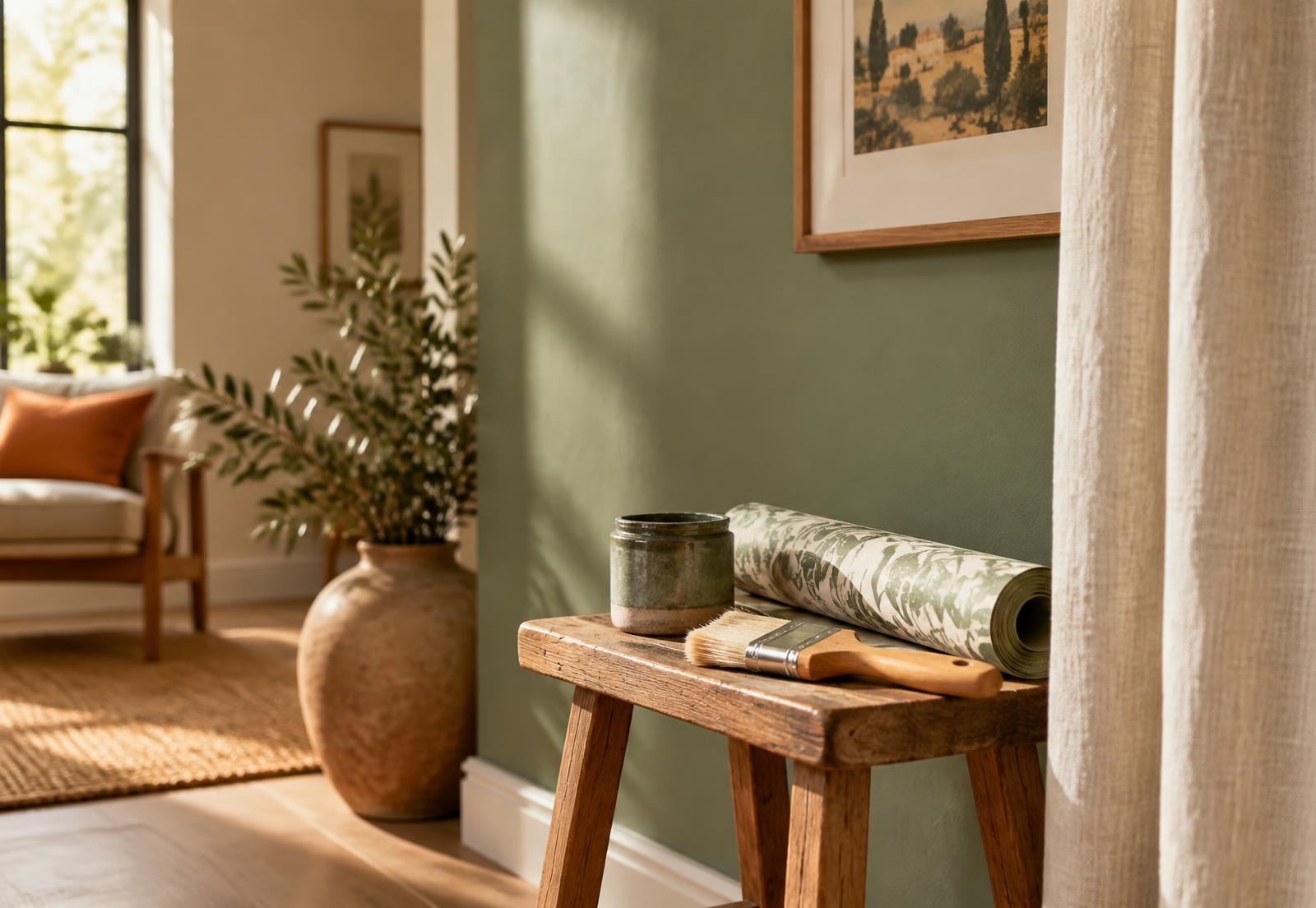 Intérieur décoré par Isa deco : mur vert sauge, pinceau et rouleau de papier peint